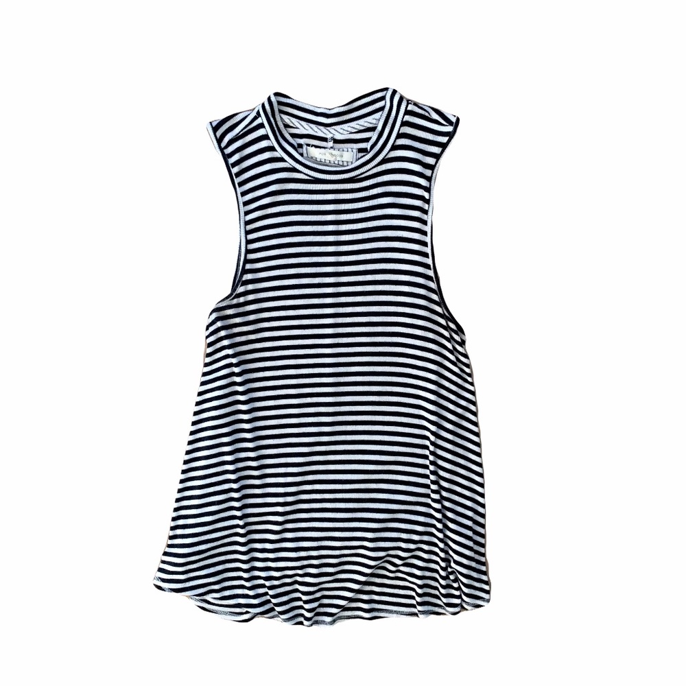 {Anthropologie, Pure + Good} Raw Hem Knit Black & White Striped Swing Tank Sz XS